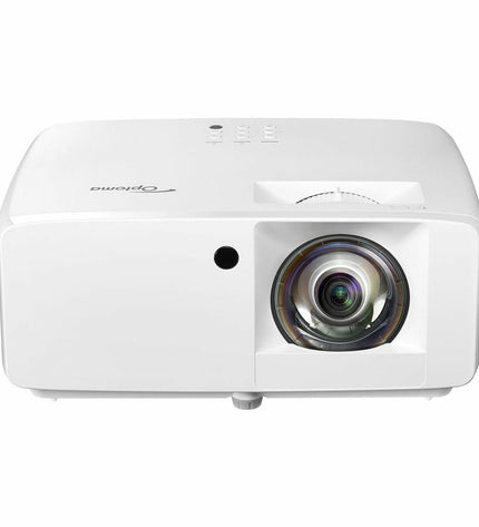 Optoma ZW350ST WXGA projector displaying a bright, detailed image in a home theater setup with electronic devices.
