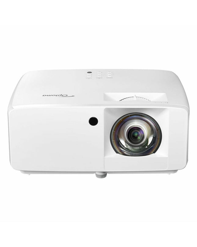Optoma ZW350ST WXGA projector displaying a bright, detailed image in a home theater setup with electronic devices.