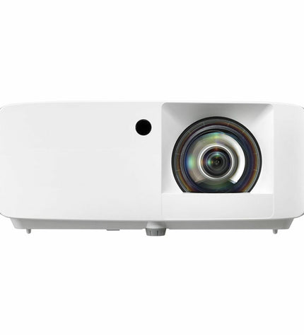 Optoma ZW350ST WXGA projector showing a bright, clear image on a wall in a home theater setting.
