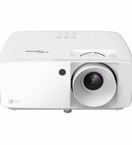 Optoma E9PD7L321EZ1 projector displaying a bright Full HD 1920x1080 image with 4500 lumens in an electronics setting.