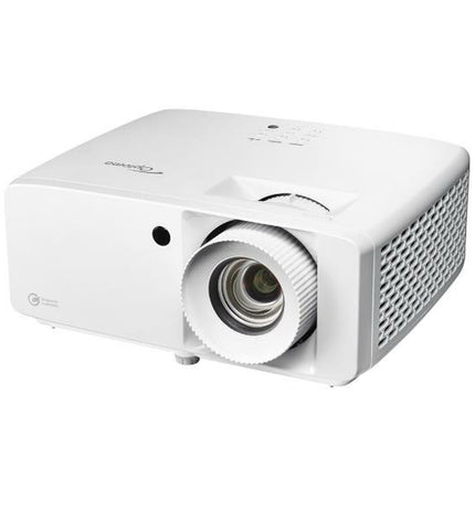 Optoma E9PD7L321EZ1 projector displaying a vibrant full HD image with 4500 lumens in a home theater setting