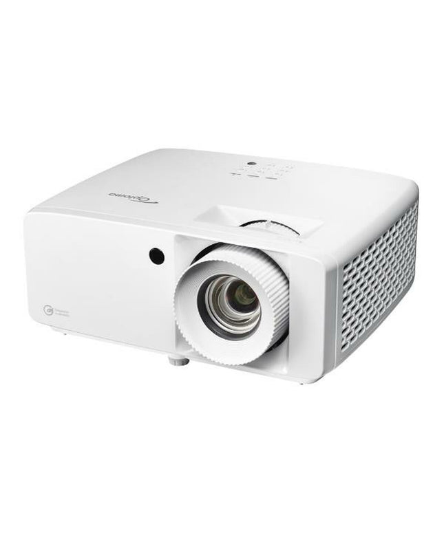 Optoma E9PD7L321EZ1 projector displaying a vibrant full HD image with 4500 lumens in a home theater setting