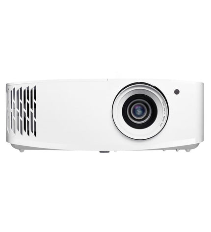 Optoma projector A9PV7GL06AZ6 displaying a bright, high-resolution 3840 x 2160 px image for home theater and electronics use.