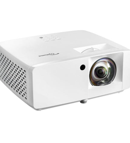 Optoma E9PD7KK31EZ4 projector showing front view with lens and control panel, 3500 lumens brightness, electronic device for home entertainment