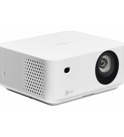 Optoma ML1080 projector displaying a Full HD 1920x1080 image with 1200 lumens brightness, in a home theater setup.