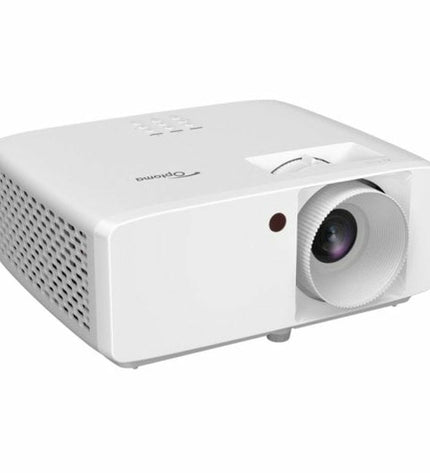 Optoma HZ40HDR projector displaying a bright HD image, with sleek design and control buttons on the front panel.