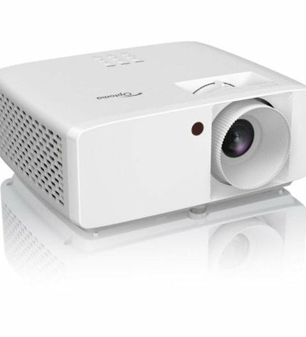 Optoma HZ40HDR projector displaying a vibrant home theater scene with 1920x1080 resolution and 4000 lumens brightness.