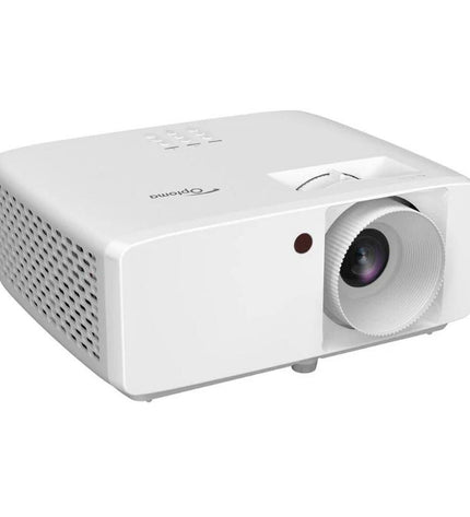 Optoma ZW335e WXGA projector showing front view with lens and control buttons, ideal for home cinema and entertainment setups