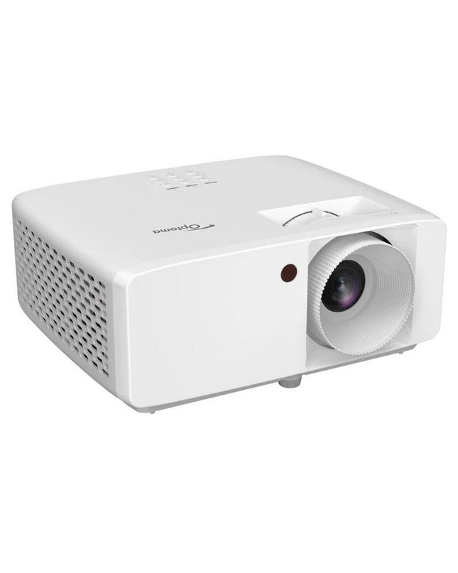 Optoma ZW335e WXGA projector showing front view with lens and control buttons, ideal for home cinema and entertainment setups