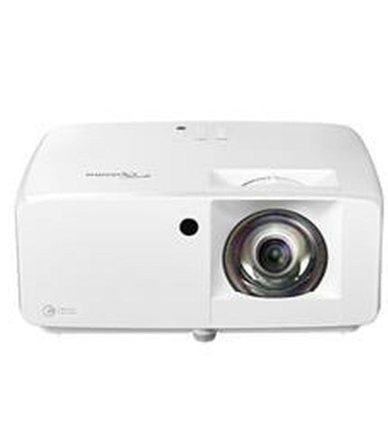 Optoma E9PD7LD11EZ1 4K Ultra HD projector showing image on a wall, with bright 3700 lumen projection and full HD resolution.
