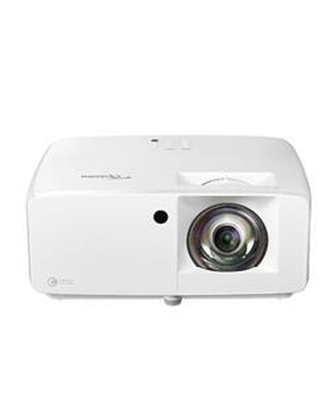 Optoma E9PD7LD11EZ1 4K Ultra HD projector showing image on a wall, with bright 3700 lumen projection and full HD resolution.
