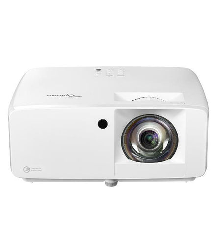 Optoma E9PD7LD11EZ1 4K Ultra HD projector displaying a bright, detailed image in a home theater setup.