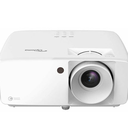 Optoma E9PD7M201EZ1 projector displaying a full HD 1920x1080 image with 5500 lumens brightness in a home theater setup.