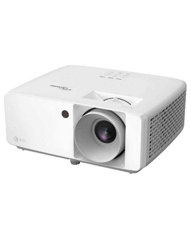 Optoma E9PD7M201EZ3 projector displaying a Full HD 1920x1080 image with 5000 lumens brightness in an electronics setting.