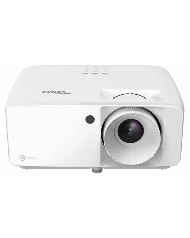Optoma E9PD7M201EZ3 projector showing a bright Full HD 1920x1080 display with 5000 lumens in a home theater setup.