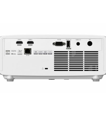 Optoma E9PD7M201EZ3 Full HD projector with 5000 lumens, displayed on a home theater setup, showing the lens and control panel.