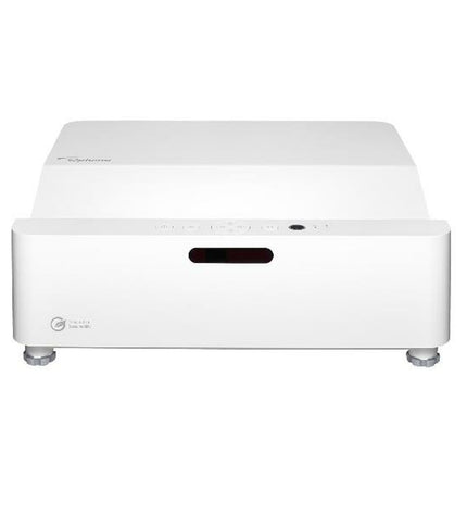 Optoma GT3500 projector displaying a vibrant home theater image with 3800 lumens and 1080p resolution in a living room setting.