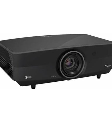 Optoma E3P7N71E111 4K Ultra HD projector displaying a vibrant home theater setup with 5000 lumens brightness.