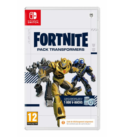 Fortnite Switch video game pack featuring Transformers, digital download code for electronic plug-and-play game console.