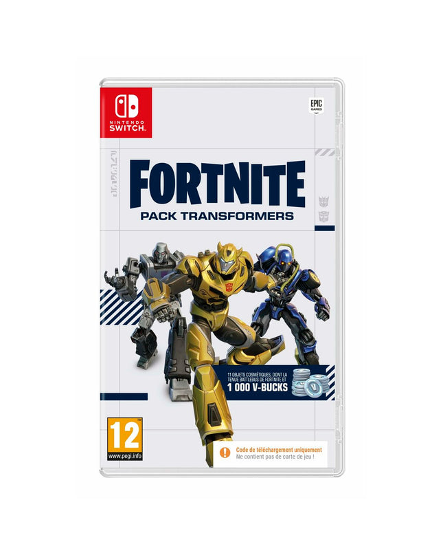 Fortnite Switch video game pack featuring Transformers, digital download code for electronic plug-and-play game console.