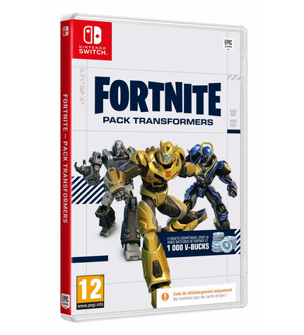 Fortnite Switch video game pack featuring Transformers characters, electronic download code for Plug & Play game console.