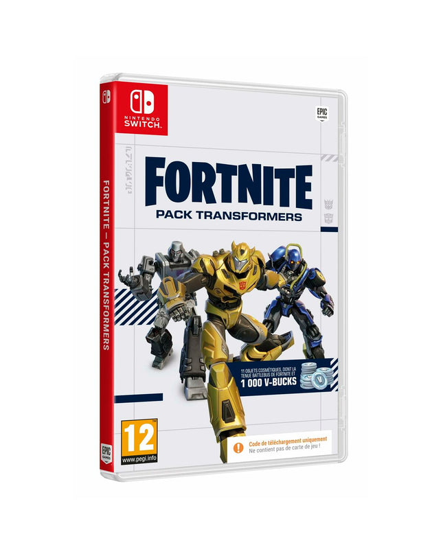 Fortnite Switch video game pack featuring Transformers characters, electronic download code for Plug & Play game console.