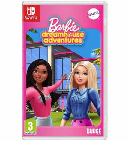 Barbie Dreamhouse Adventures Switch video game cartridge for electronic plug-and-play console, featuring Barbie branding and colorful packaging.