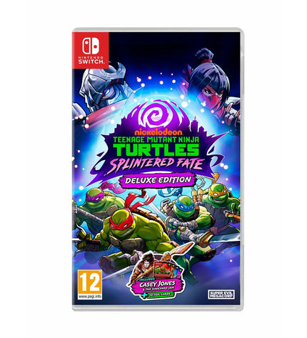 Teenage Mutant Ninja Turtles Splintered Fate Switch video game by Just For Games, showing the game cartridge and colorful cover art.