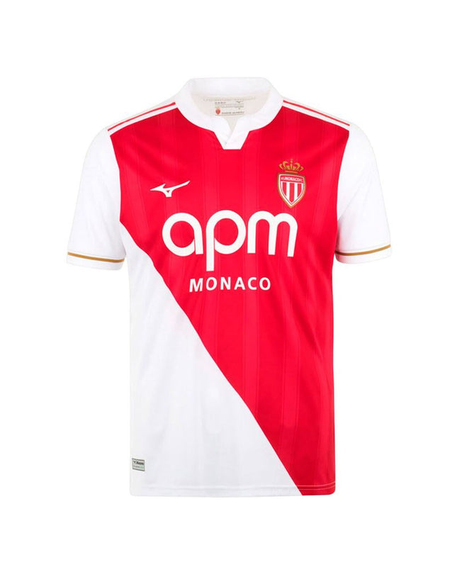 Mizuno Monaco Home men's short-sleeve football T-shirt, sport and outdoor apparel, featuring Mizuno branding and team colors.