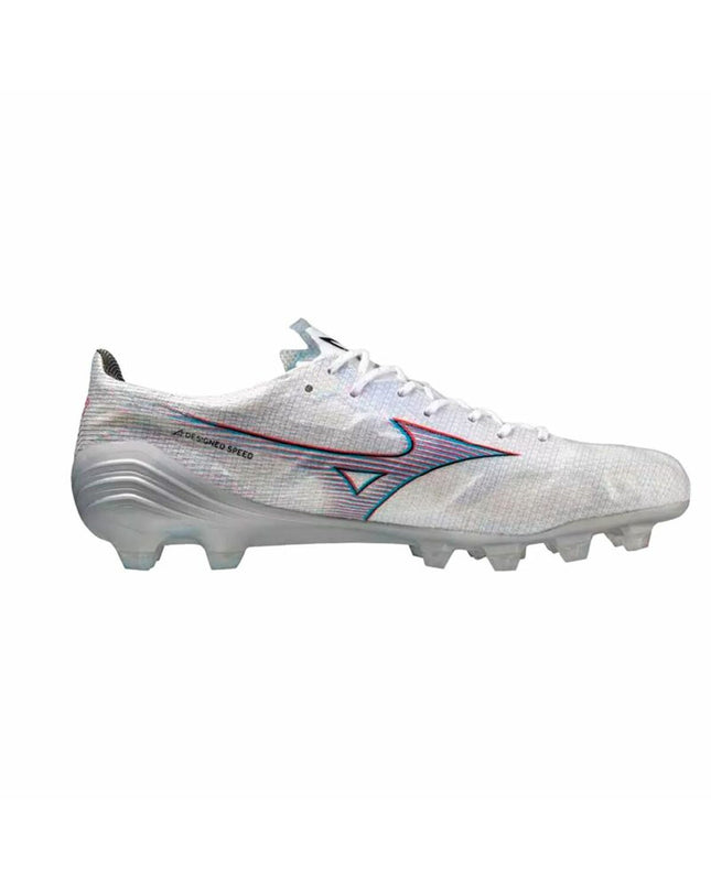 Mizuno Alpha Japan adult football cleats in white for outdoor soccer, featuring sporty design and durable sole.