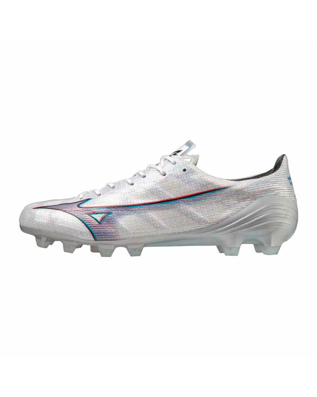 White Mizuno Alpha Japan adult football cleats for outdoor soccer, sporty design and durable outsole for optimal performance.
