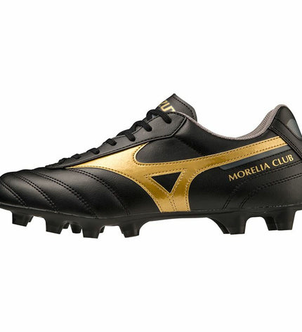 Black Mizuno Morelia II Club adult football boots for outdoor soccer, featuring durable leather and supportive design