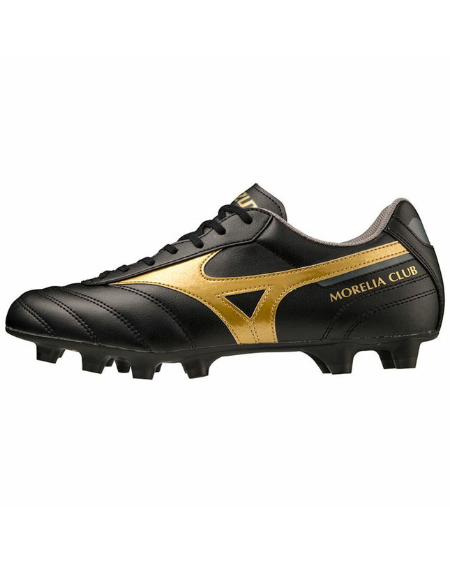Black Mizuno Morelia II Club adult football boots for outdoor soccer, featuring durable leather and supportive design