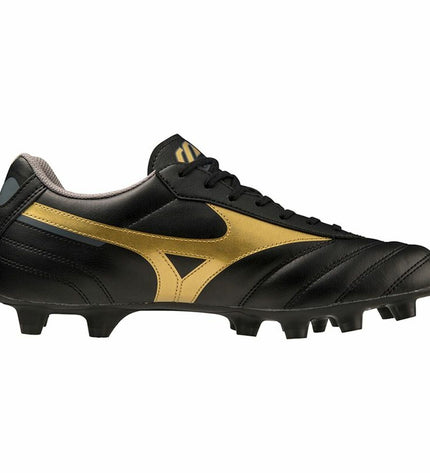Black Mizuno Morelia II Club adult football cleats for outdoor soccer, featuring leather uppers and studded soles.