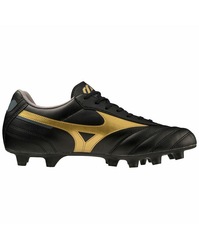 Black Mizuno Morelia II Club adult football cleats for outdoor soccer, featuring leather uppers and studded soles.