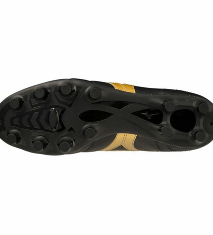 Black Mizuno Morelia II Club adult football shoes with leather upper, designed for outdoor soccer and optimal grip.