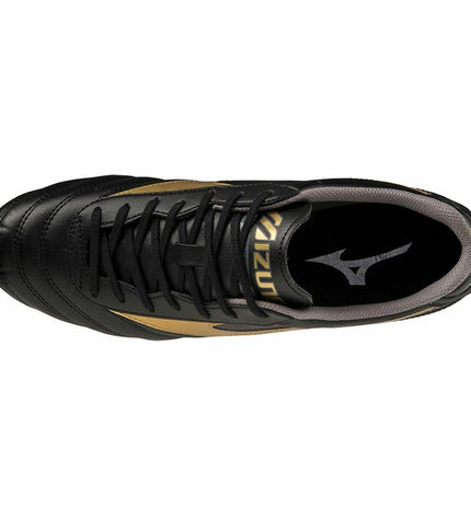 Black Mizuno Morelia II Club adult football shoes with leather upper and laces, designed for outdoor soccer.