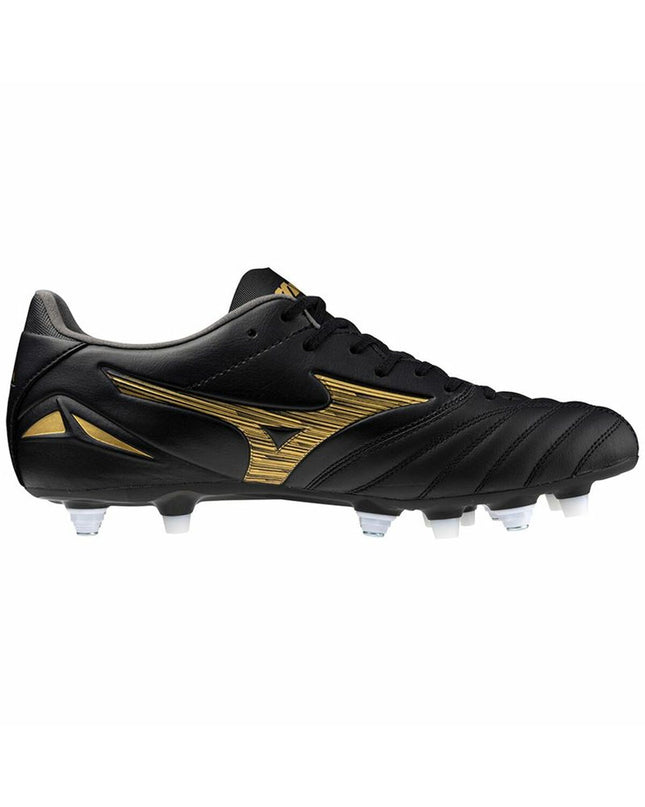 Mizuno Morelia Neo IV Pro adult football cleats for outdoor soccer, lightweight sport shoes with black and white design.