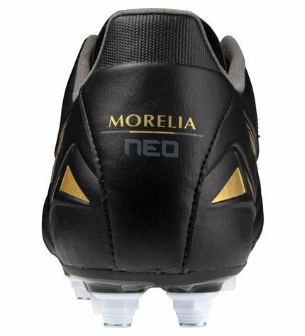 Mizuno Morelia Neo IV Pro adult football boots for outdoor soccer, black and white design with Mizuno branding.