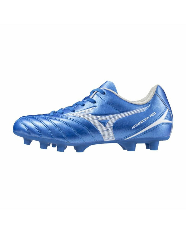 Mizuno Monarcida Neo III Select football cleats for kids, black and white sport shoes with Mizuno branding and studded outsole