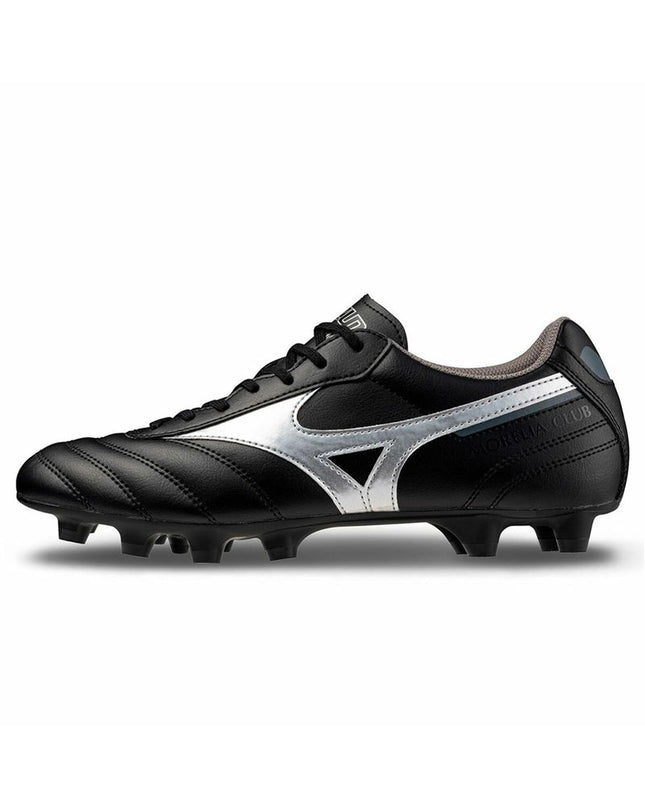 Mizuno Morelia Club MD adult soccer cleats for outdoor football, black with white accents, designed for optimal performance.