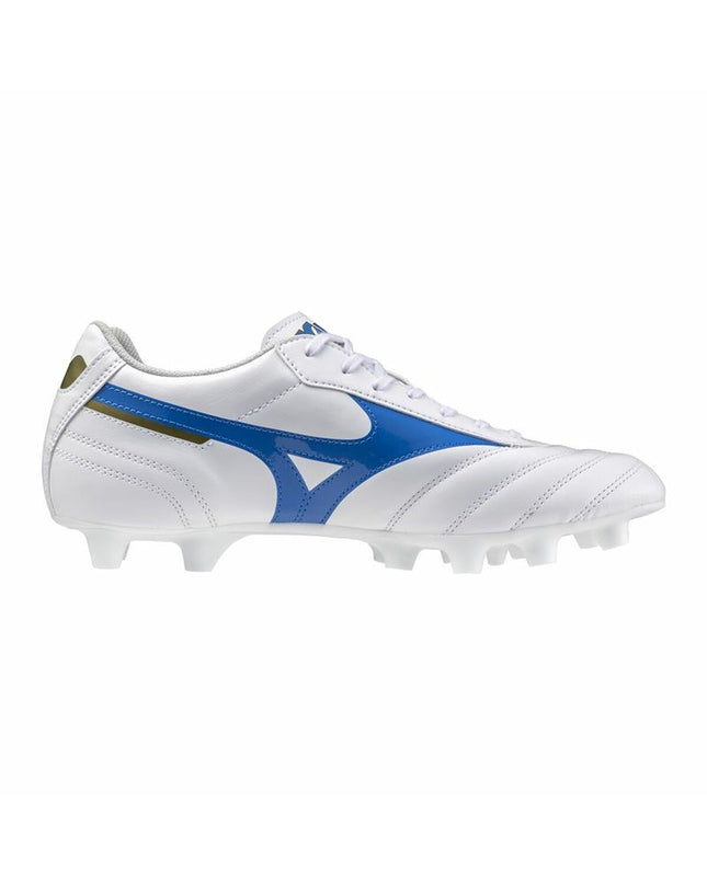 Mizuno Morelia II Club adult football shoes in white with black accents, designed for outdoor soccer play.