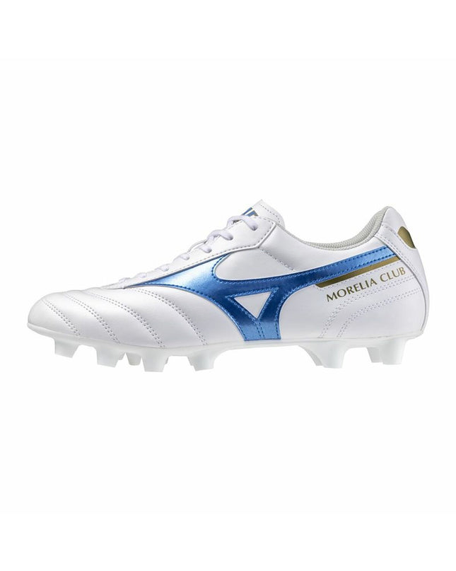 Mizuno Morelia II Club adult soccer cleats in white, lightweight sport and outdoor football shoes with leather upper and studded sole