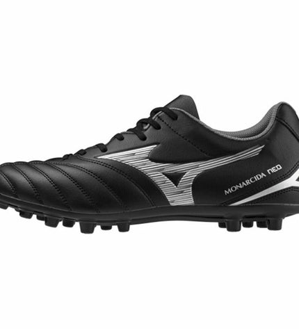 Black Mizuno Monarcida Neo III Select football shoes for adults, sporty outdoor footwear designed for soccer players.