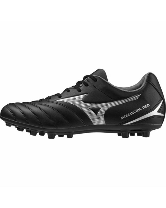 Black Mizuno Monarcida Neo III Select football shoes for adults, sporty outdoor footwear designed for soccer players.