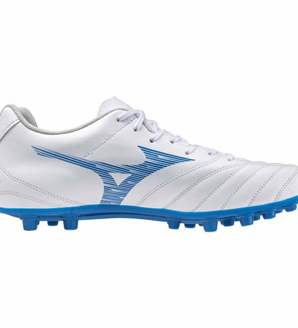 Mizuno Monarcida Neo III Select Ag adult football shoes in indigo with synthetic upper and turf sole for outdoor soccer.