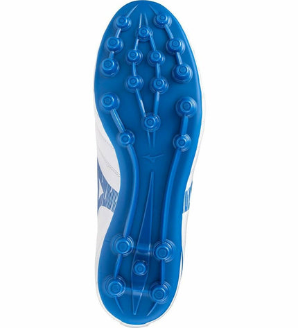Mizuno Monarcida Neo III Select Ag Indigo adult soccer cleats for outdoor football, with blue and white design and studded sole.