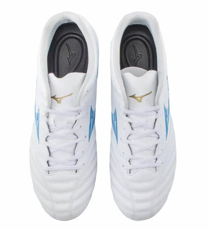 Mizuno Monarcida Neo III Select Ag Indigo adult football shoes for outdoor soccer, featuring blue and black design with textured sole.