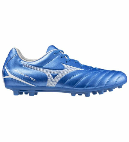 Blue Mizuno Monarcida Neo III Select Ag adult football boots for outdoor soccer, featuring synthetic upper and studded sole.