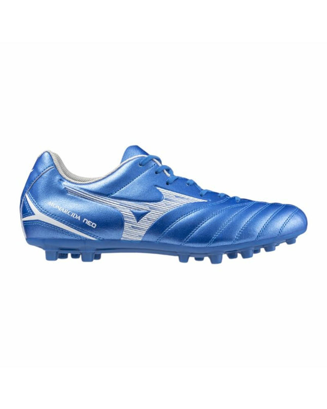 Blue Mizuno Monarcida Neo III Select Ag adult football boots for outdoor soccer, featuring synthetic upper and studded sole.